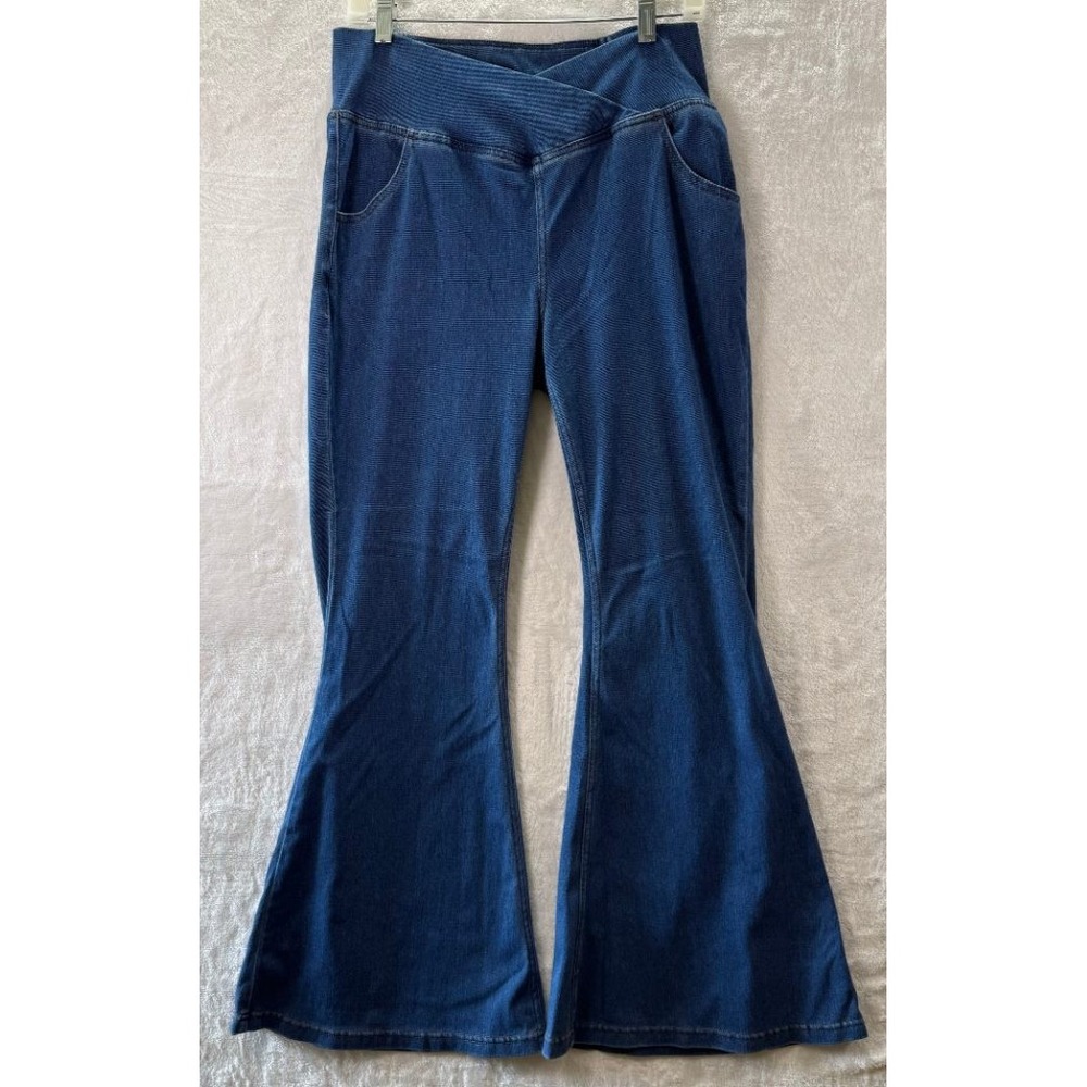 Halara L Petite Flare Jeans High Rise Crossover Waist Pull On Bell Bottom Denim